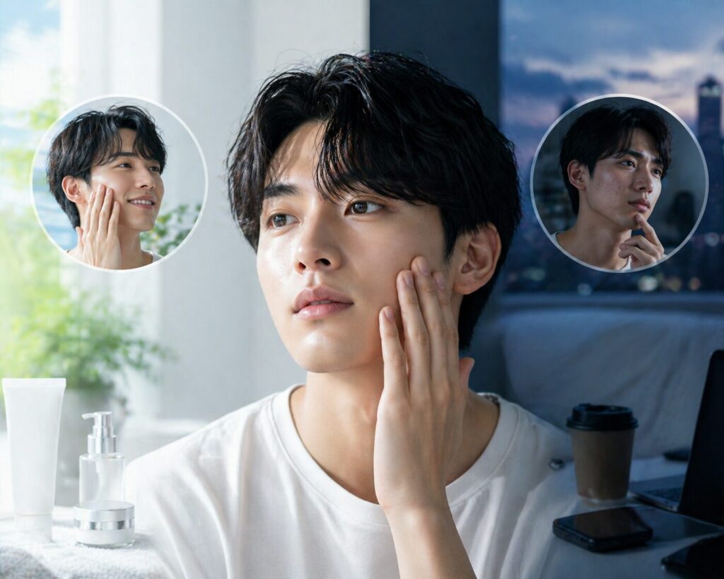 スキンケアと肌悩みをする男性
