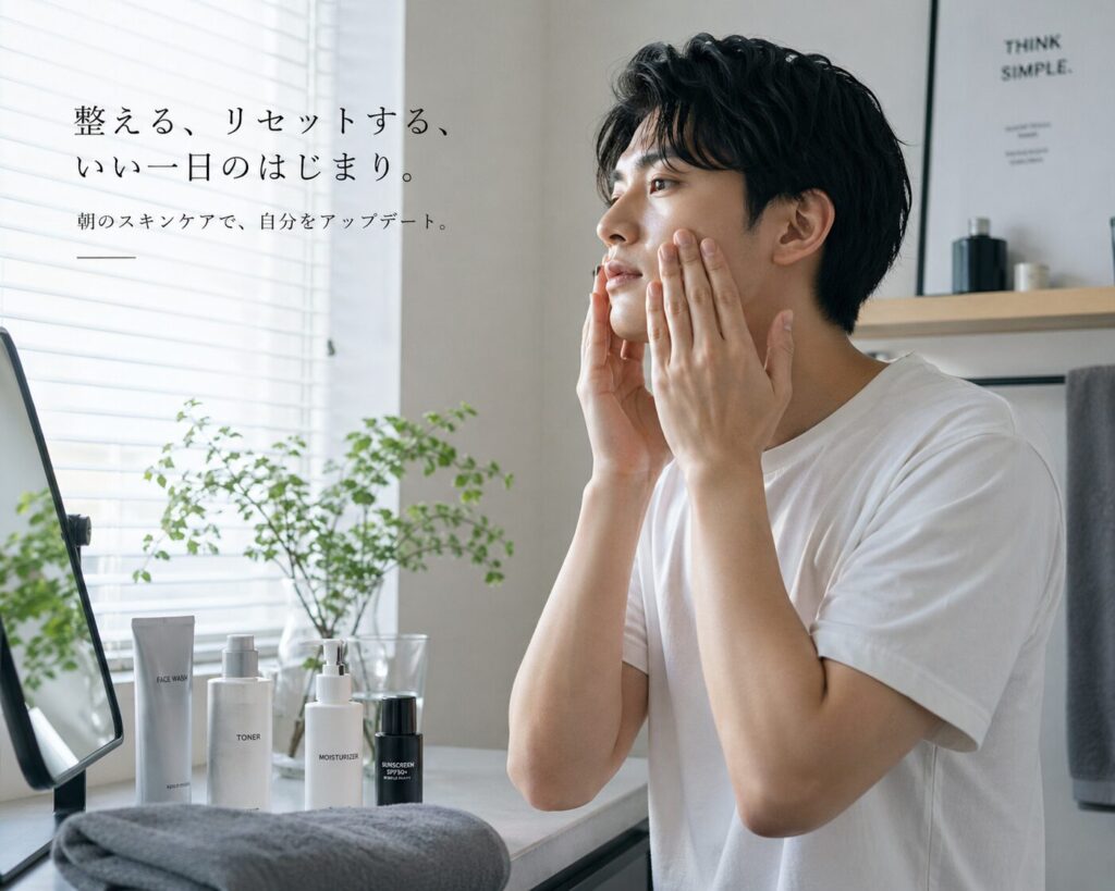 朝スキンケアをする男性