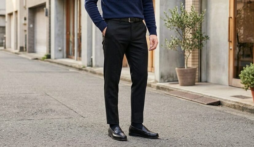 パンツ、靴下、靴が黒で統一されている男性のポートレート