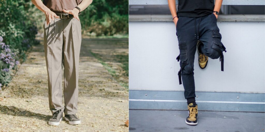 テーパードスラックスと細身のカーゴパンツの画像