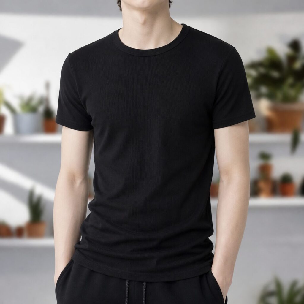 COSのスリムフィットリブTシャツっぽいTシャツを着ている男性