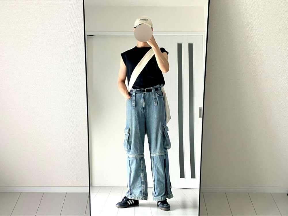 ZARA DETACHABLE CARGO DENIM PANTS（青）を使ったデイリーコーデ