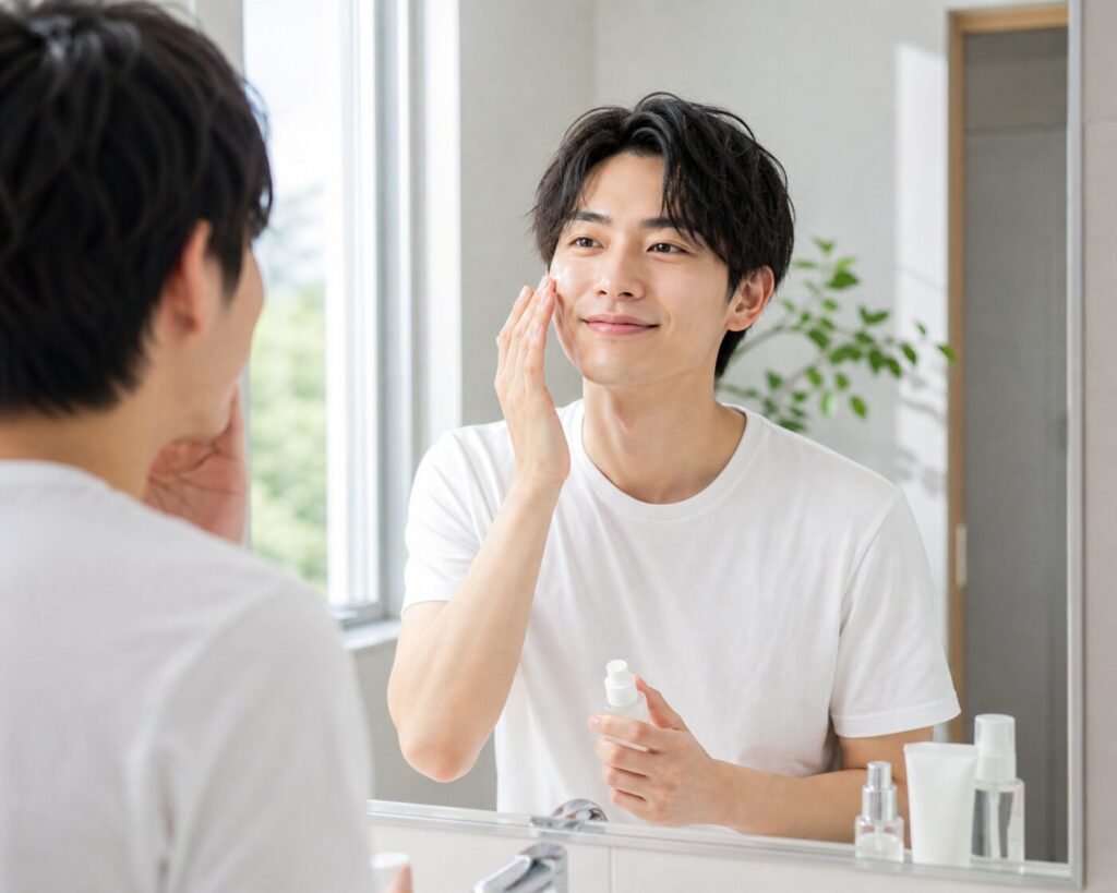 朝スキンケアをしている男性のポートレート