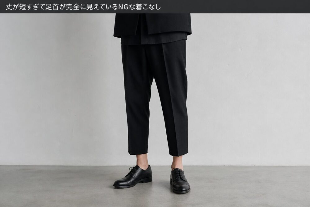 丈が短すぎて足首が見えているNGな着こなし