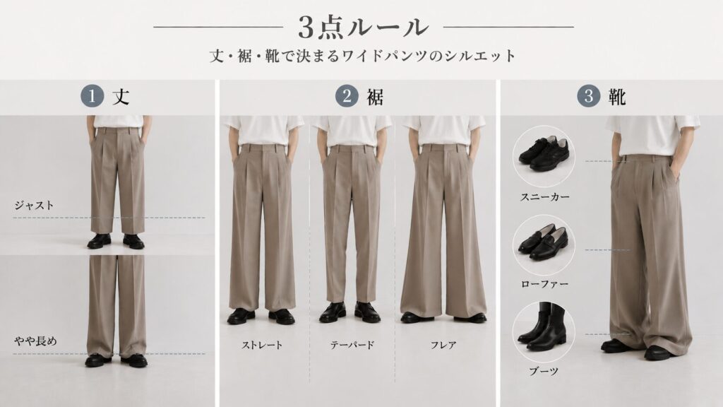 ワイドパンツのシルエットを決める３点ルールの画像