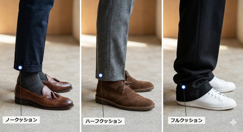 ノークッション、ハーフクッション、フルクッションの比較画像
