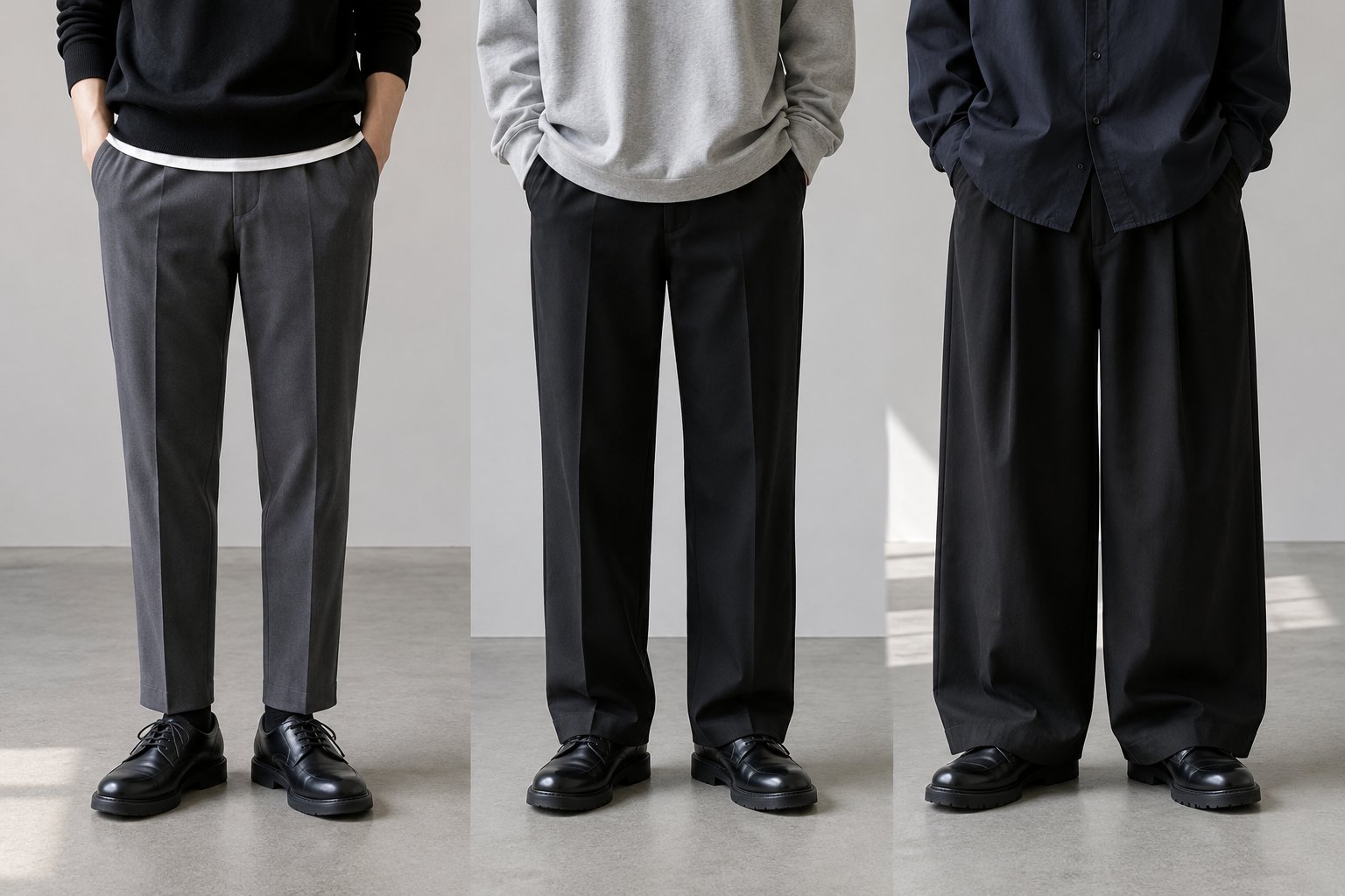 高身長メンズの3つのパンツシルエット比較(左テーパード・中央ストレート・右ワイド)