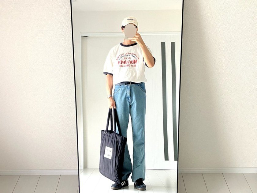 土曜:リンガーT×soerteライトデニムの休日コーデ(182cm)