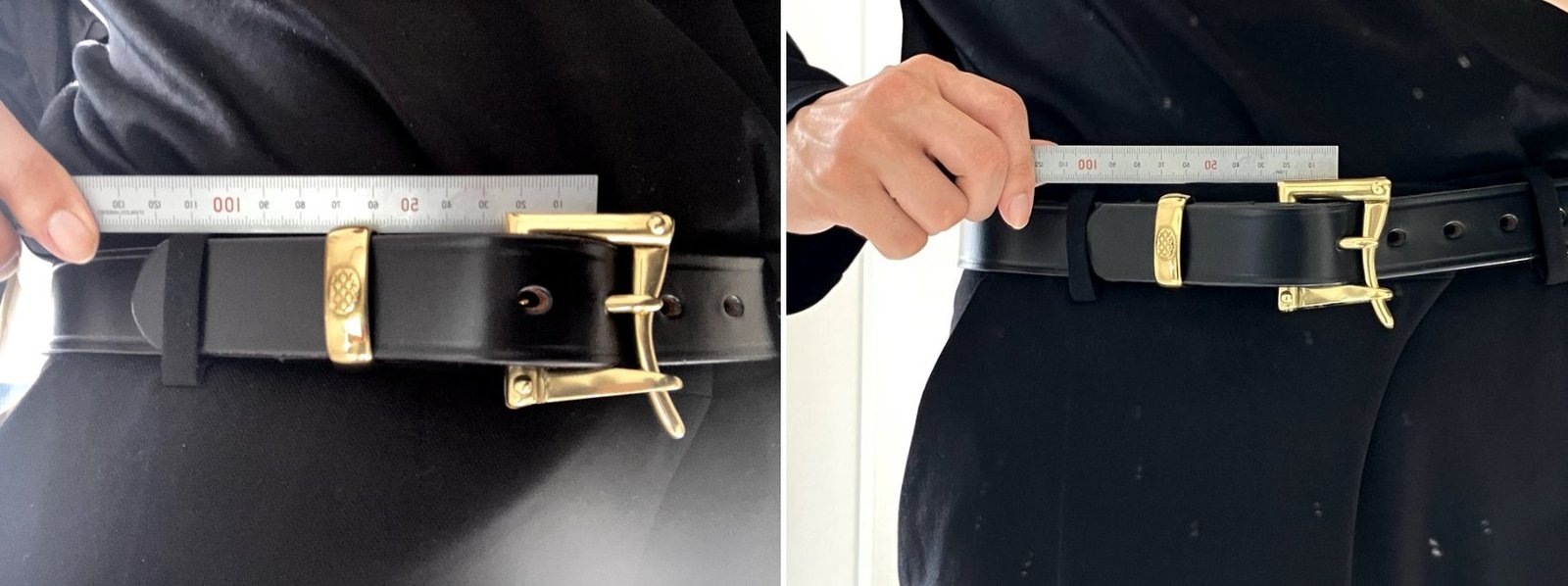 182cm・ウエスト81cmがW32を着用したサイズ感(左:外から2番目の穴、右:一番外側の穴)