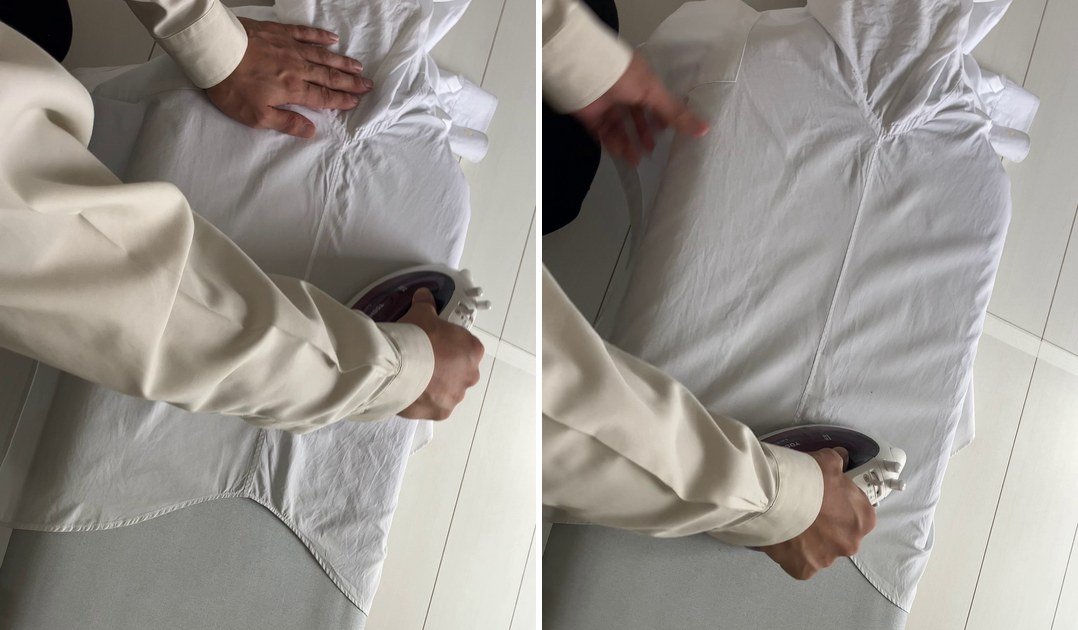 前身頃と後身頃のつなぎ目にアイロンをかける様子