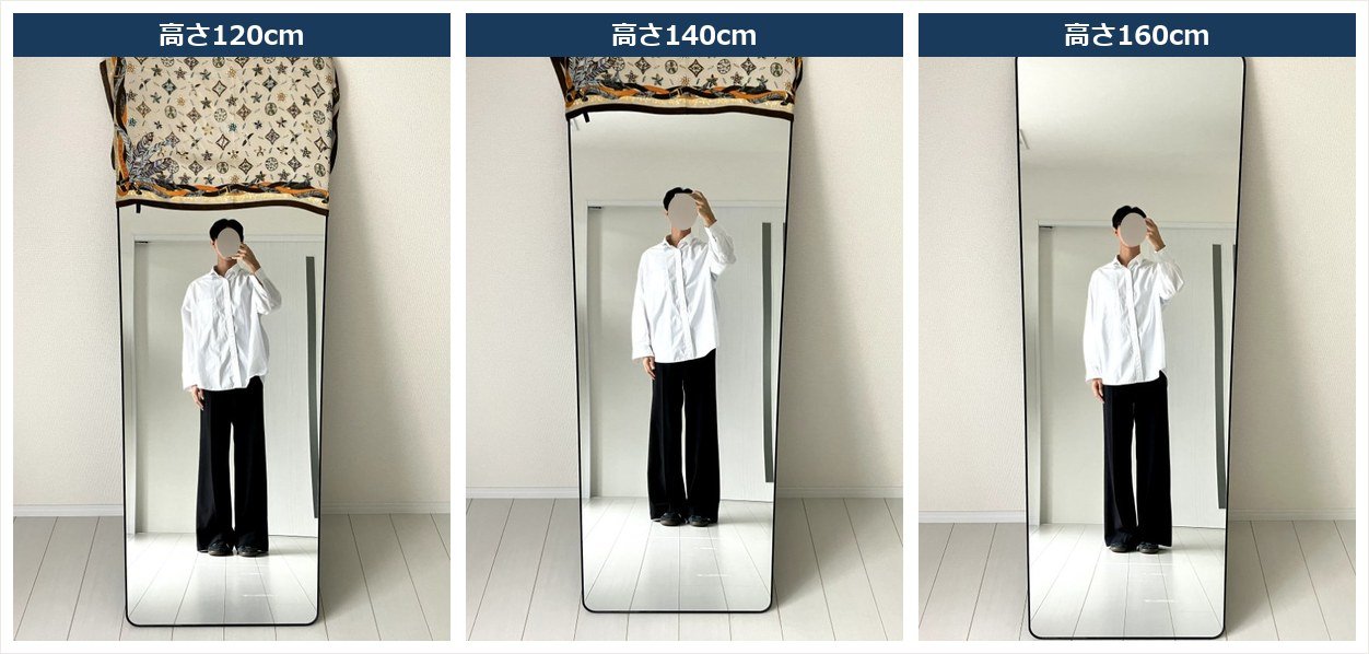 鏡から150cmの距離で高さ120cm・140cm・160cmの姿見に182cmがどこまで映るかを比較