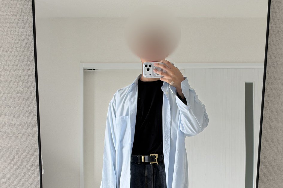 182cm・71kgがAURALEEビッグシャツのサイズ5を前を開けて着た上半身