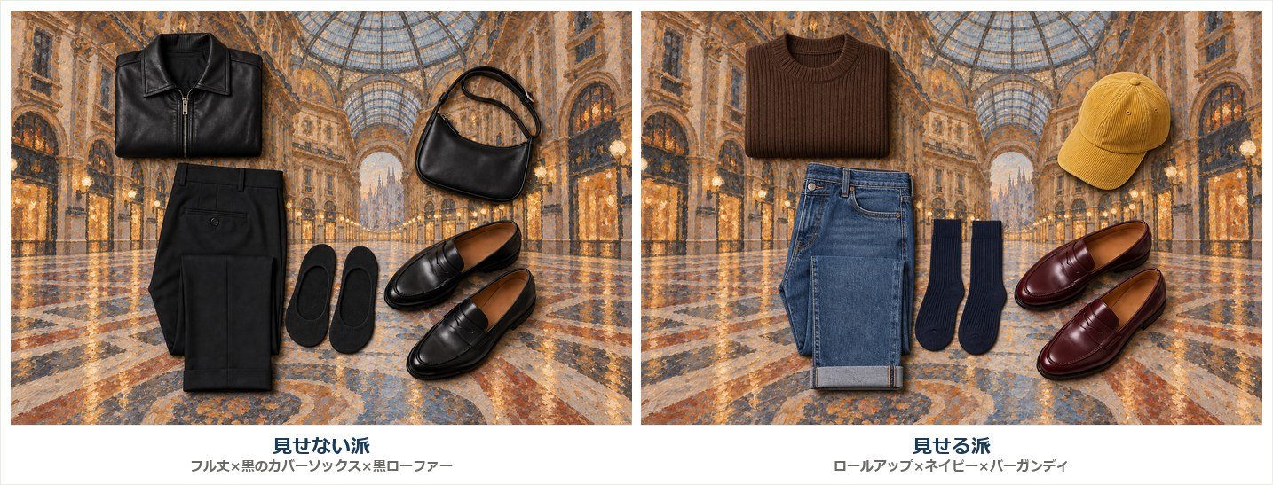 見せない派は黒のワイドスラックス×黒のカバーソックス×黒ローファー、見せる派はロールアップしたデニム×ネイビーのリブソックス×バーガンディのローファー