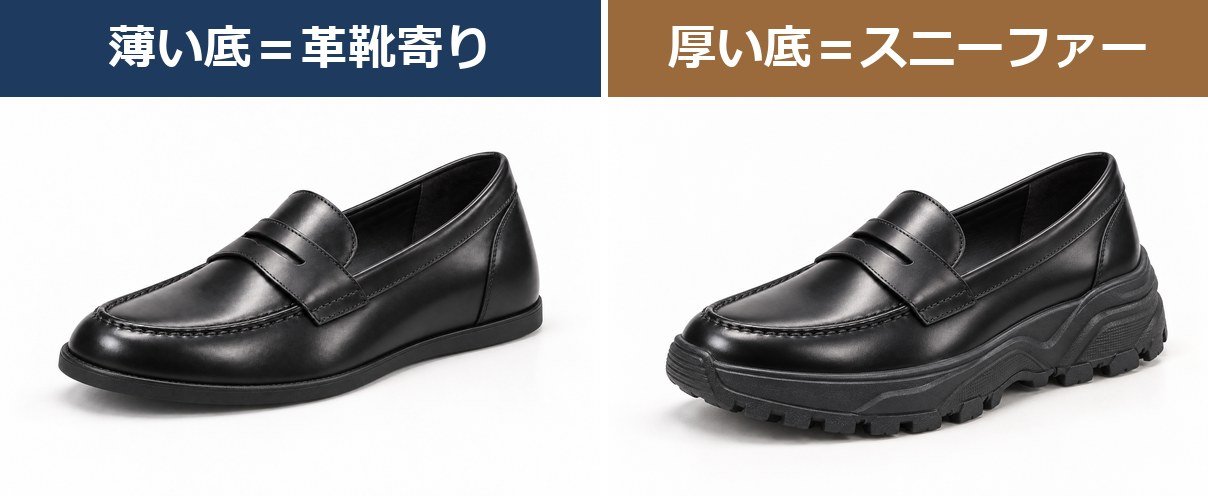 同じ甲でソールだけ違う比較|薄い底は革靴寄り、厚い底はスニーファー