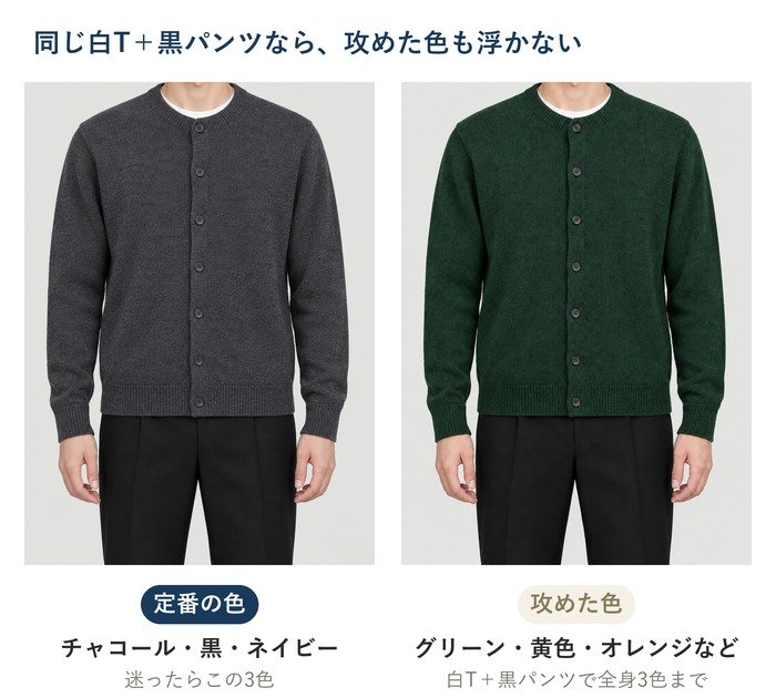 同じ白Tと黒いスラックスに、チャコールとグリーンのクルーネックカーディガンを合わせた比較。攻めた色も白T+黒パンツなら浮かない