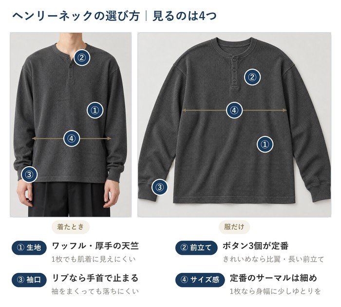 ヘンリーネックの選び方4つを、着たときと服だけの写真で示した図。①生地はワッフルや厚手の天竺、②前立てはボタン3個が定番、③袖口はリブなら手首で止まる、④サイズ感は定番のサーマルは細め